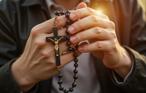Person Holding Black Crucifix and Rosary Beads