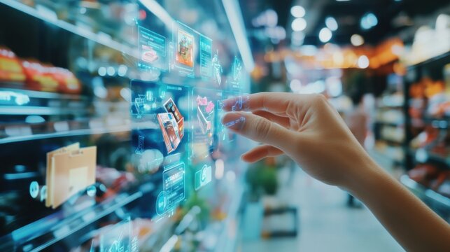 Virtual shopping, discounts, interactive game, shopper discovering rewards, digital store, floating products, fashion items, holographic, futuristic interface, immersive experience, bright, engaging