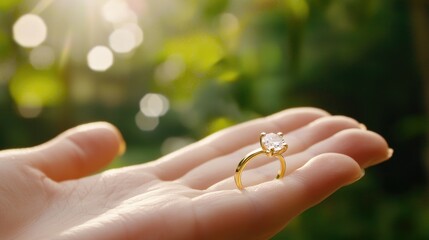 Romantic close-up of a sparkling commitment ring on an open hand, symbolizing love and future together, gentle blurred background