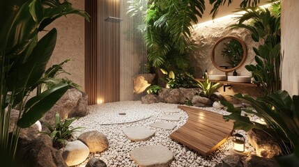 Obraz premium A bathroom with a rainfall shower, surrounded by tropical plants and stones.