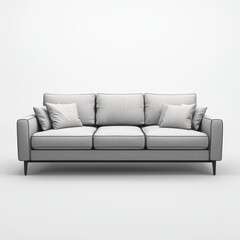 Fototapeta premium modern gray sofa with sleek cushions, isolated on a clean white background, designed with minimalistic and professional lighting