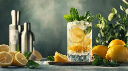 Fototapeta premium Iced Lemonade: Refreshing summer drink with lemon and mint