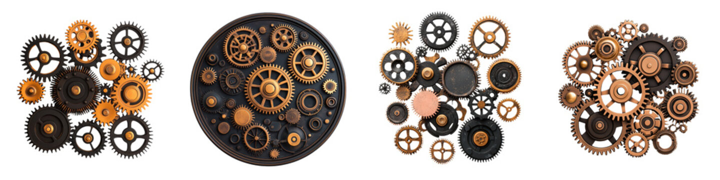 Assortment of vintage metallic gears cogs and clockwork mechanism elements arranged in an abstract industrial design composition  Mechanical parts and machinery symbols representing engineering