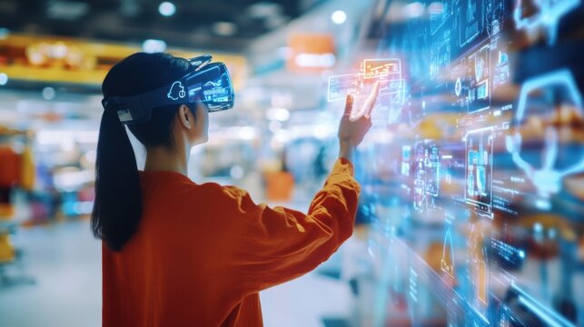 Virtual shopping, discounts, interactive game, shopper discovering rewards, digital store, floating products, fashion items, holographic, futuristic interface, immersive experience, bright, engaging