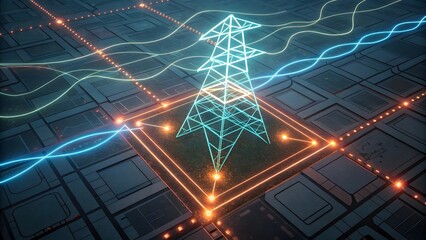 Electric Energy Grid Concept with Power Lines and Waves Visualization