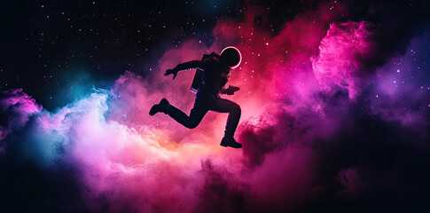 Naklejka premium Astronaut Floating in Space with Vibrant Colorful Nebula - Cosmic Exploration Art
