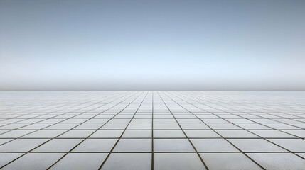 Empty tiled floor, misty sky, background, design