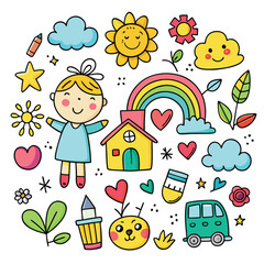 Cute Doodle Kids Vector: Hand-Drawn Childhood Elements Illustration