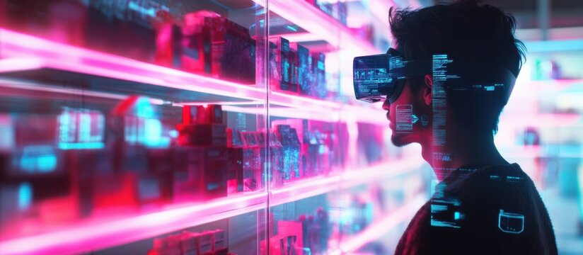 Virtual shopping, discounts, interactive game, shopper discovering rewards, digital store, floating products, fashion items, holographic, futuristic interface, immersive experience, bright, engaging