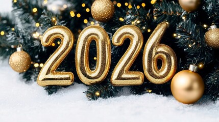 Gold Glitter Number 2026 on Festive Christmas Background with Ornaments and Sparkling Lights