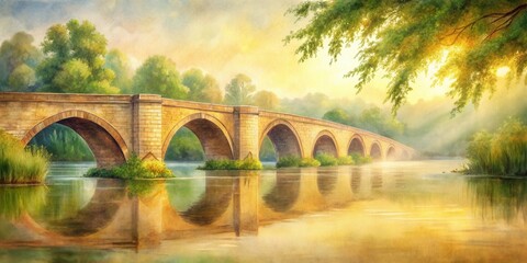 Serene Sunrise An Ancient Stone Bridge Reflects in a Calm River, Bathed in the Golden Light of Dawn