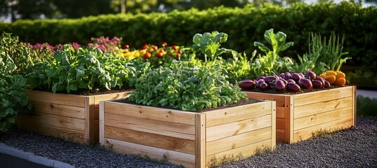 Urban vegetable garden flourishing raised beds brimming with organic produce on a sunny day.