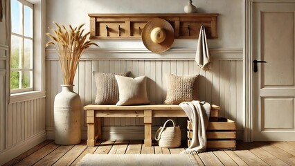 Cozy rustic farmhouse entryway with a wooden benchdecorated with a soft linen cushion in warm beige tones and a handwoven striped throw blanket draped casually over the side. 