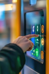 Close-up of a hand selecting fuel type on a touchscreen pump, advanced fuel station technology.