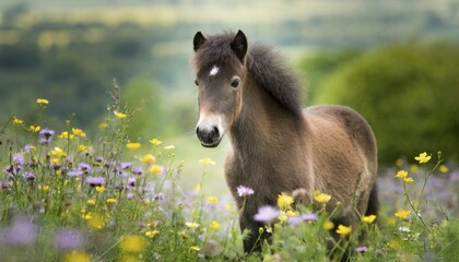 Fototapeta premium KI generated, animal, animals, mammal, mammals, biotope, habitat, one, individual animal, foraging, wildlife, meadow, pasture, Exmoor pony, horse, horses, ungulates, English pony breed, South West England, Exmoor, (Equus ferus caballus), foal, flower meadow