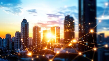 Obraz premium line connection urban cityscape sunset skyline with silhouettes of skyscrapers and glowing warm hues