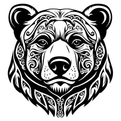Ornamental Bear Head, Detailed Design, Black and White, Graphic Art, Possible Use Print, T-shirt Design