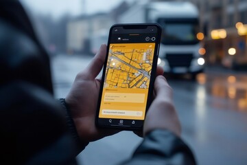 Businessman using gps navigation app on smartphone in city street with truck passing by