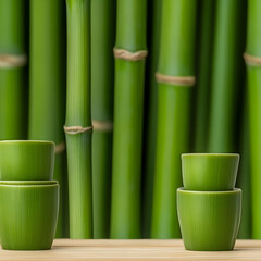 Obraz premium Green bamboo cups, forest background, zen