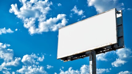 Fototapeta premium Empty White Billboard Against a Blue Sky with Fluffy White Clouds, Advertising, Marketing Concept.
