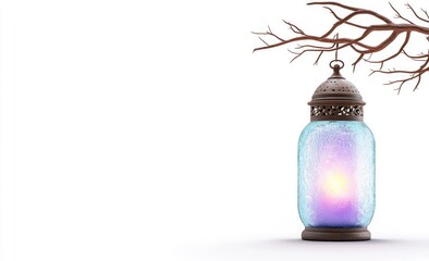 Glowing lantern hanging from a branch, illuminated from within, casting a soft light.