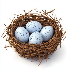 Obraz premium small birdâ???s nest made of twigs and straw, holding three blue speckled eggs, isolated on a clean white background