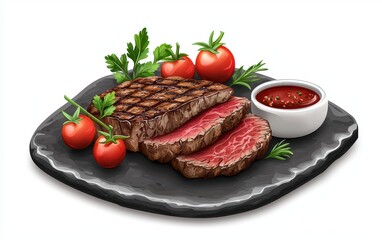 sliced ribeye steak served with fresh herbs, cherry tomatoes, and a side of dipping sauce, placed on a slate platter on a white background. Valentines Day and 8 March theme