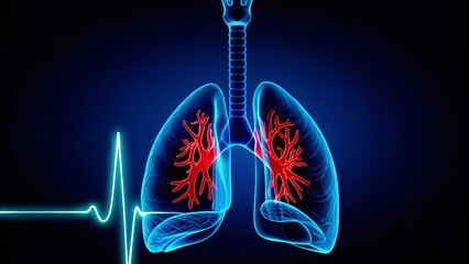 Anatomical depiction of human lungs overlaid with an electrocardiogram on a dark blue backdrop showcasing the connection between respiratory and cardiac health in Anatomy X-Ray.