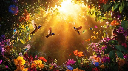 Enchanted garden scene with an animal-like human harmonizing with vibrant singing birds among blooming flowers