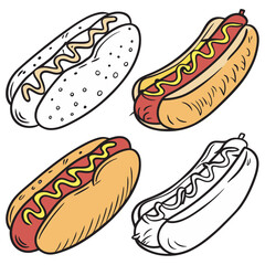 Set of hand-drawn hot dogs in various styles, colorful sketch vector illustration