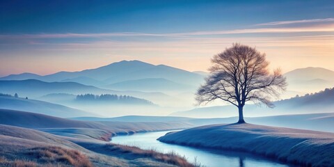 Obraz premium Serene sunrise landscape featuring a lone tree standing majestically on a gentle riverbank, surrounded by rolling hills and a misty valley under a soft pastel sky