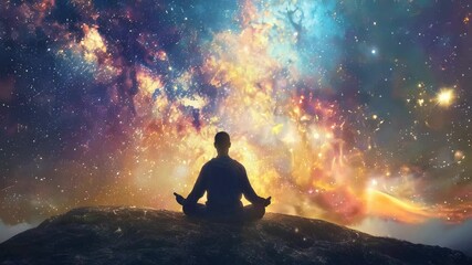 A man meditating in the lotus position against the background of a multicolored sky
 - Powered by Adobe