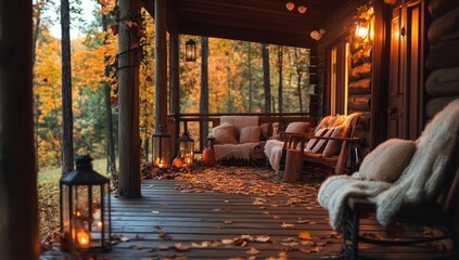 Naklejka premium Autumn Evening on a Cozy Cabin Porch