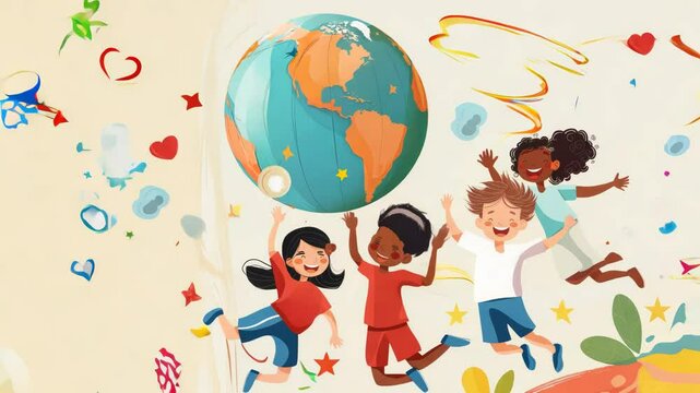 Children jumping for joy on the background of the globe on a green background. The concept of International Children's Day.	