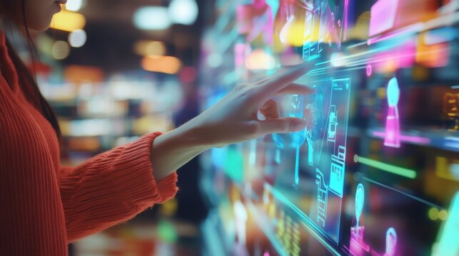 Virtual shopping, discounts, interactive game, shopper discovering rewards, digital store, floating products, fashion items, holographic, futuristic interface, immersive experience, bright, engaging