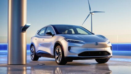 Electric car parked next to an electric charging station, wind turbine in the background, modern and conceptual idea of green energy from sustainable sources. AI generated, AI generated, AI generated