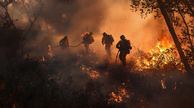 Firefighters Battling Raging Flames in a Forest During Wildfire