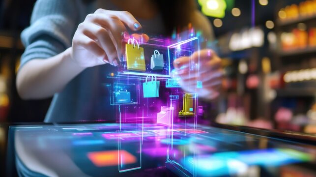 Virtual shopping, discounts, interactive game, shopper discovering rewards, digital store, floating products, fashion items, holographic, futuristic interface, immersive experience, bright, engaging