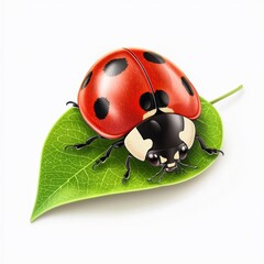 Naklejka premium red ladybug with black spots sitting on a green leaf, isolated on a clean white background