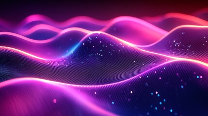 Neon wave effects blending abstract 3D background of wavy glass shapes and rich tones for a hightech art design