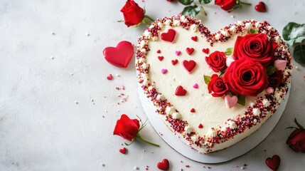 A heart-shaped Valentine cake decorated with red roses, sprinkles, and icing details, set on a white table with romantic accents