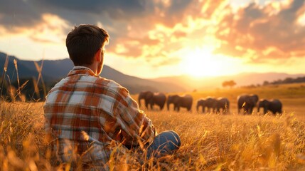 A thoughtful animal-like human observing a herd of majestic elephants amidst tall grass in a serene savanna landscape