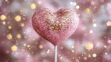 Obraz premium Pink Glitter Heart Shaped Lollipop Valentine s Day Romantic Festive Sweet Treat
