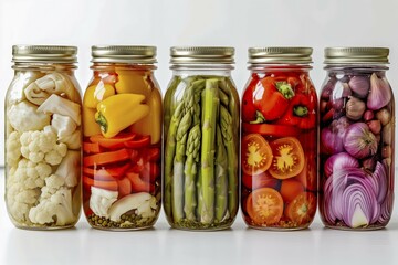 Different types of pickled vegetables in preserving jars on a neutral background, AI generated, AI generated