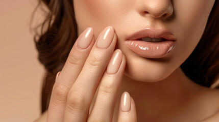 Fototapeta premium Elegant Nude Manicure and Glossy Lips Close-Up