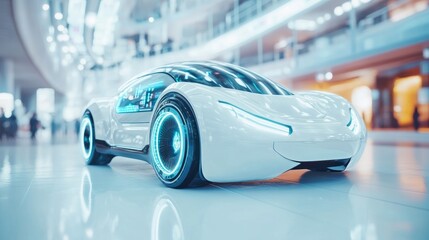 Obraz premium A white car with neon lights on the wheels. The car is parked in a parking lot. There are people walking around the parking lot