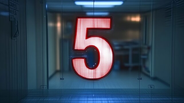 Bright Red Digital Number 5 Displayed in Modern Futuristic Interior, Technology Background