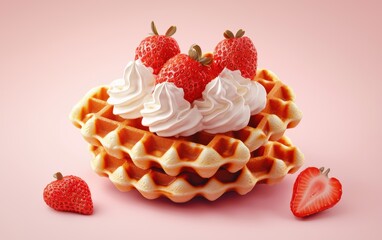 stack of waffles in a heart shape with strawberries and whipped cream, placed on a pastel pink gradient background. Valentines Day and 8 March theme
