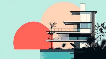 Modern House by the Water, Abstract Sunset Background, Minimalist Design, Stock Photo