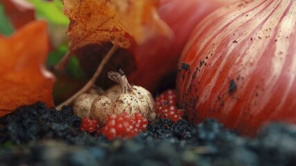 A pumpkin and small red berries resting on soil with fall leaves around, AI generated